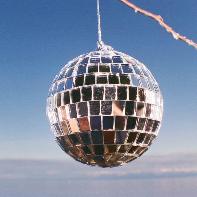 Discoball hanging from a tree branch